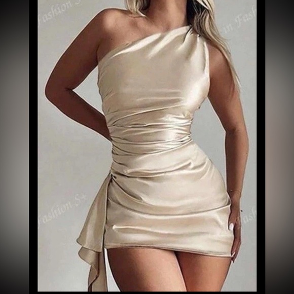 SHEIN Dresses & Skirts - Elegant Satin One Shoulder Pleated Party Mini Dress Ruched Size Large Bodycon